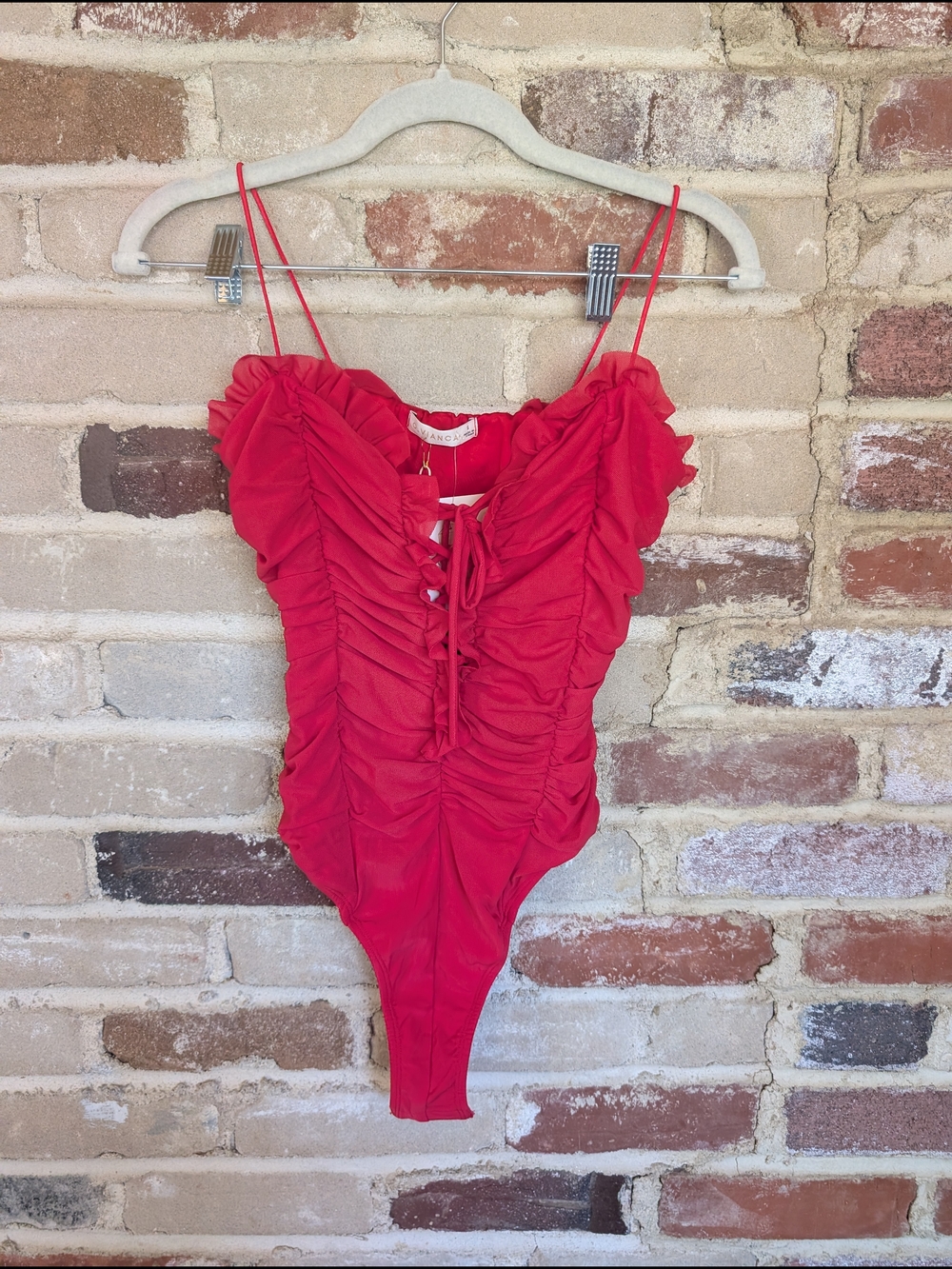 Red Ruching Tie-Front Bodysuit